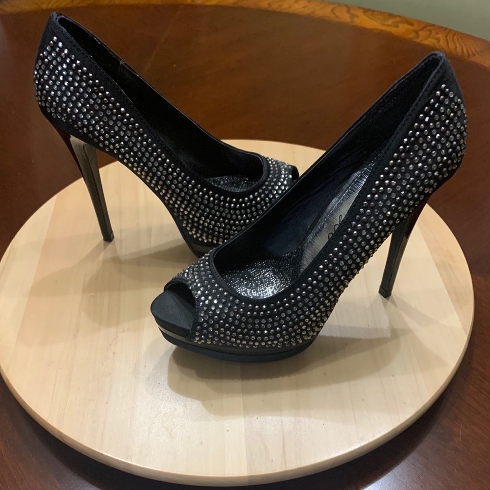 Society 86 black rhinestone peep-toe heel